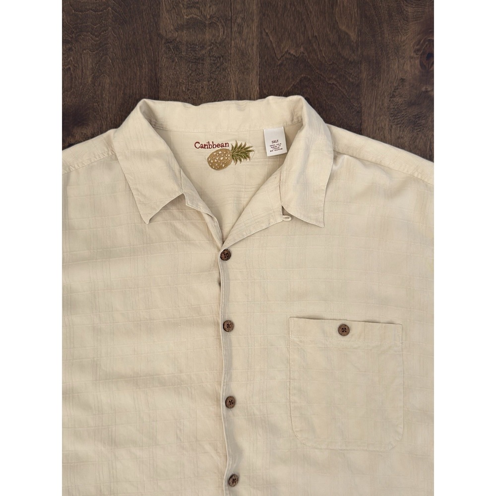 Caribbean Men Button Down Size 3XLT Cream White Silk Hawaiian Short Sleeve Shirt